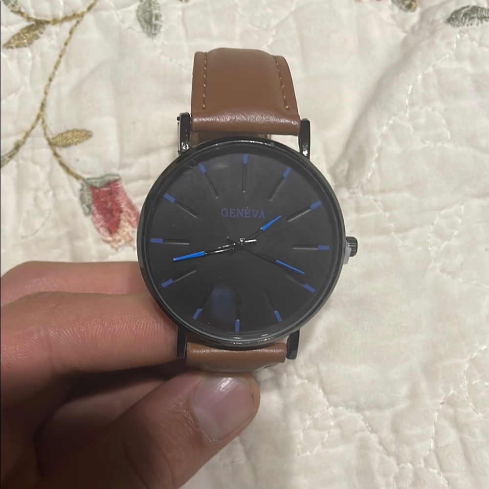 Geneva Black Watch with Blue Highlights and Brown Strap